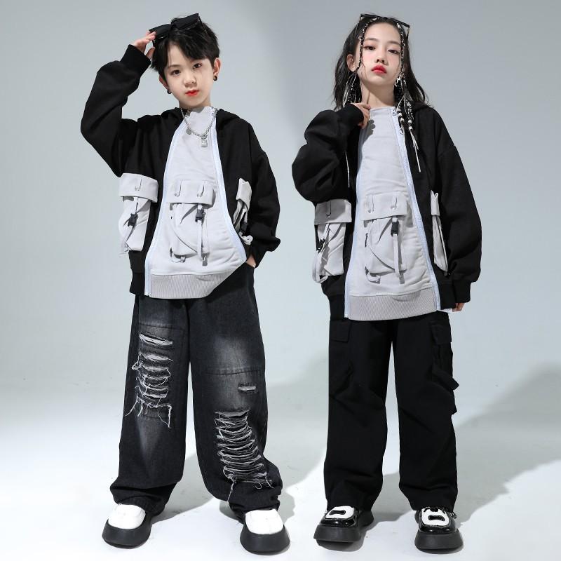 ダンス衣装 セットアップ ジャケット フード デニム ジーンズ ヒップホップ ジャズダンス ワイドフィット 秋 キッズ 女の子 ボーイズ ストリート 練習着