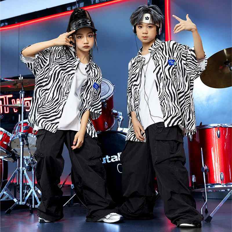 Top & Bottom Sets - 子供服 女の子 男の子 ゼブラ柄シャツ Tシャツ パンツ コスチューム バンド ダンス ヒップホップ ストリート系 パフォーマンス 衣装 クール かっこいい キッズ
