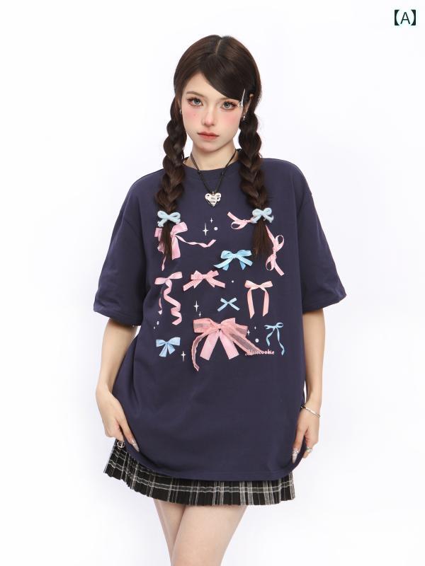 Tシャツ ガール かわいい トップス リボン ラウンドネック ガーリー 夏 半袖 綿 オーバーサイズ カジュアル コットン ファッション コーディネート スイート