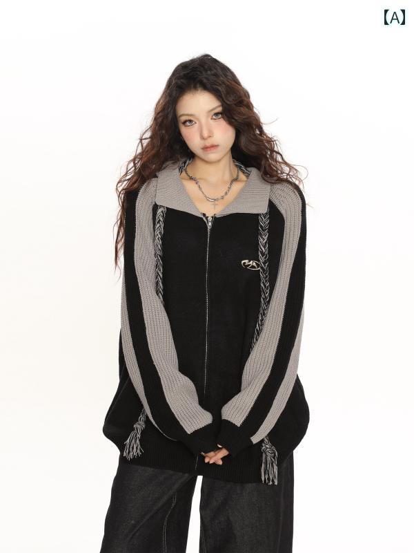 カーディガン ジッパー オーバーサイズ レディース ニット トップス 上着 ラグラン 袖 バイカラー ツー..