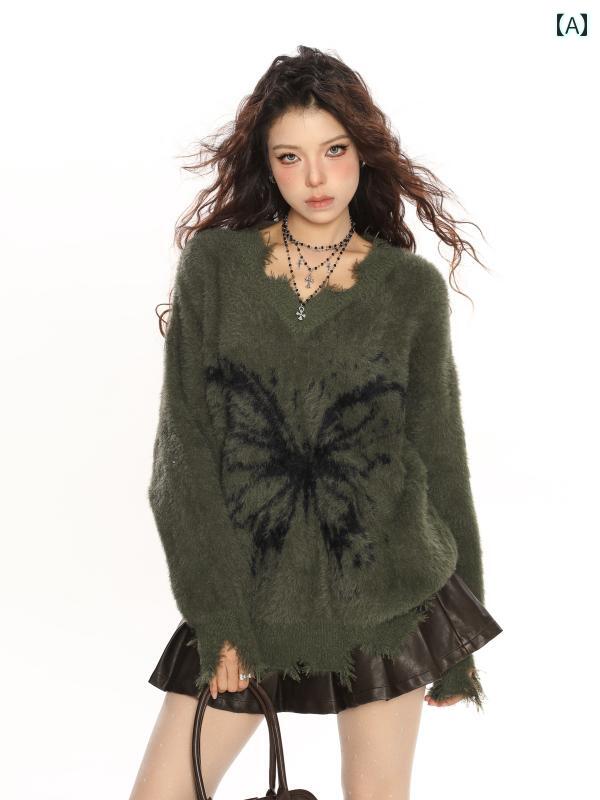 V-Neck - セーター 秋冬 レディース 長袖 ニット 韓国 KPOP K ガール ダメージ加工 ほつれ ウール Vネック オーバーサイズ レディース バタフライ モヘア 大きめ フロント プリント 蝶 ハイ センス