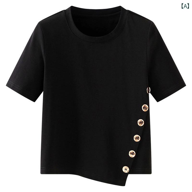 トップス カジュアル レディース エレガント Tシャツ シンプル 夏 ラウンドネック 半袖 短め ブラック コーディネート ボタン 豪華感 ファッション