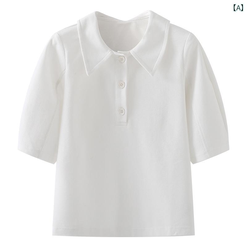 トップス レディース シンプル カジュアル ポロシャツ ストレート 5分袖 コットン ブルー ピンク ホワイト ボタン ファッション コーディネート