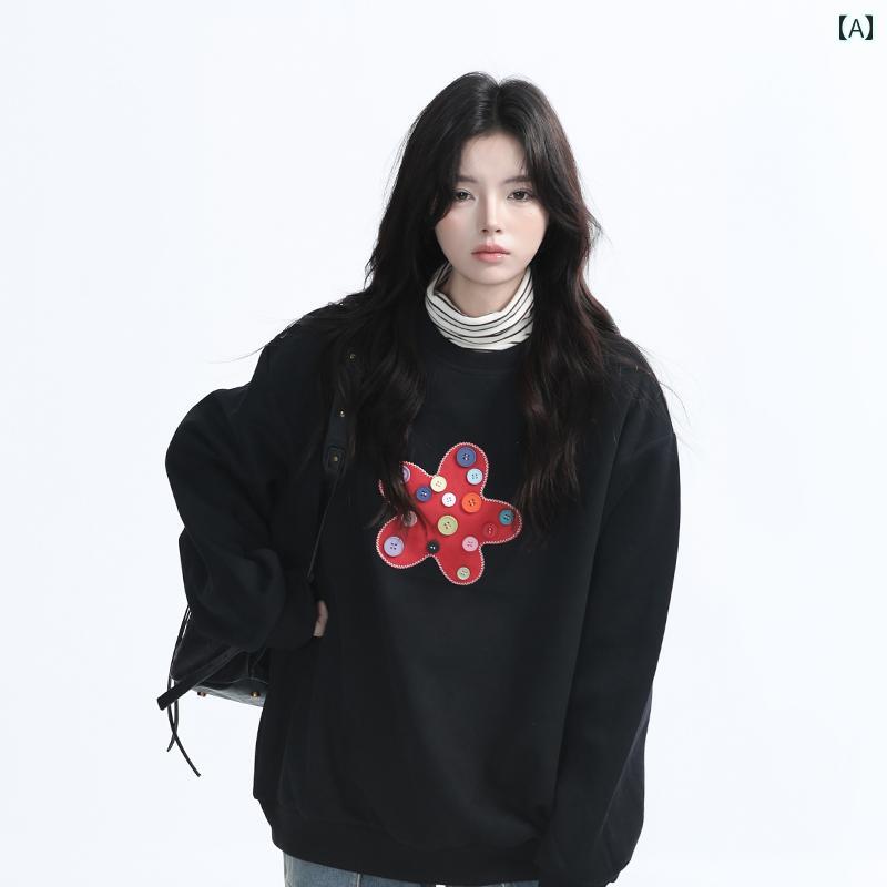 トップス レディース 花 トレーナー ゆったり カジュアル かわいい ボタン 秋 ラウンドネック ストリート 長袖 プルオーバー ブラック ホワイト コーディネート おしゃれ