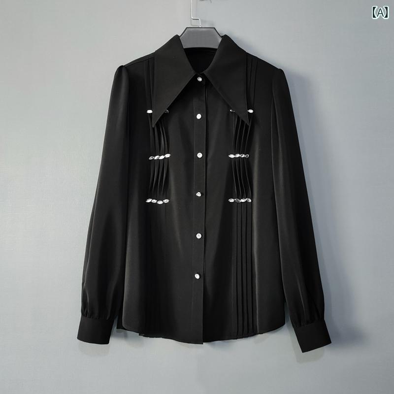 Long-Sleeved - レディース シャツ 長袖 春秋 韓国 シャツ襟 前ボタン フロント エレガント スタイリッシュ フェミニン シンプル フレッシュ 清潔感 ハイセンス 豪華感 ソフトタッチ オフィス