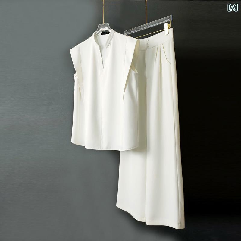 Pants Suit - レディース シャツ パンツ 夏 セットアップ 夏スーツ 2点セット モダン チャイナ風 袖し ノースリーブトップスワイドレッグパンツ フェミニン エレガント リラクシング
