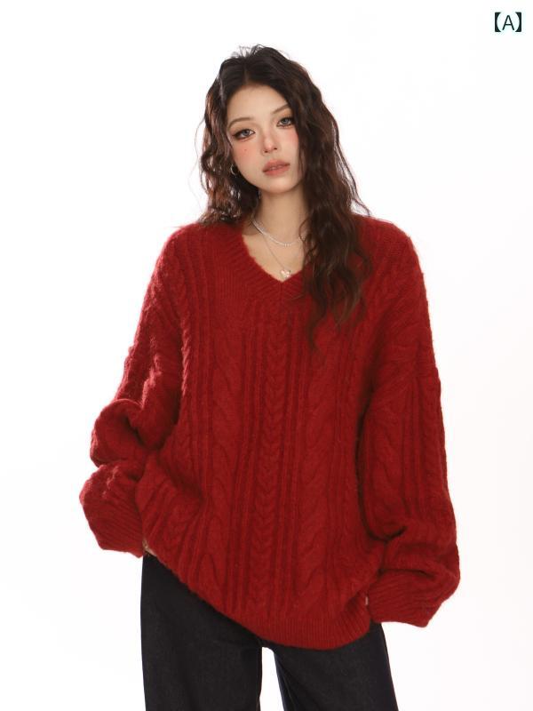 V-Neck - トップス レディース セーター ニット ストリート シンプル ツイスト プルオーバー ウール 秋冬 暖かい 長袖 Vネック オーバーサイズ カジュアル ファッション コーディネート