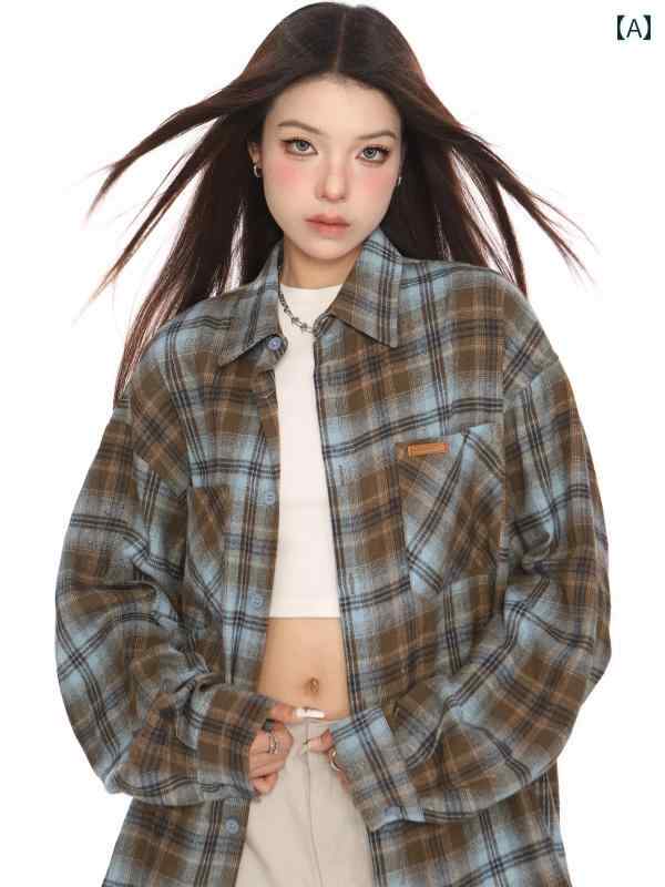 チェック レディース カジュアル トップ 日焼け防止 秋 長袖 シングルブレスト ボタン ポケット コントラストカラー ポロ襟 オーバーサイズ ファッション