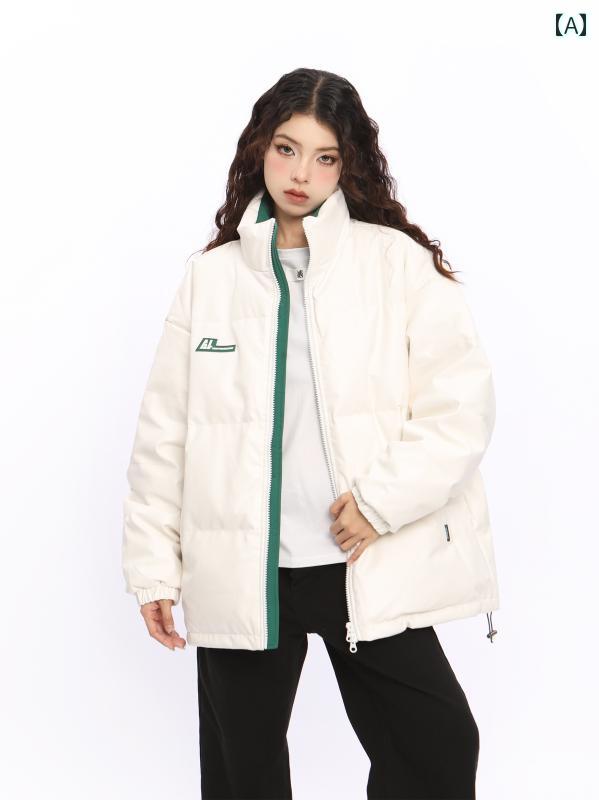 ダウン ジャケット ユニセックス 冬 オーバーサイズ ペアルック 韓国 ファッション ストリート ハイネック ロゴ入り ジッパー 厚手 防寒 アウトドア レジャー