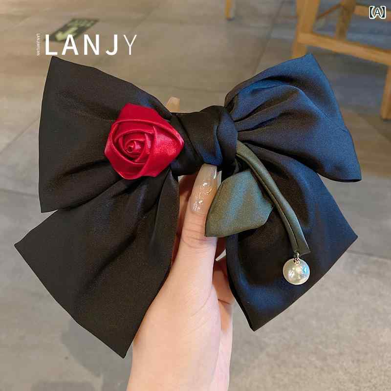 ヘアクリップ クラシックローズ 韓国 春 ブラック ビッグ リボン パール ヘアアクセサリー 豪華感 ヘア..