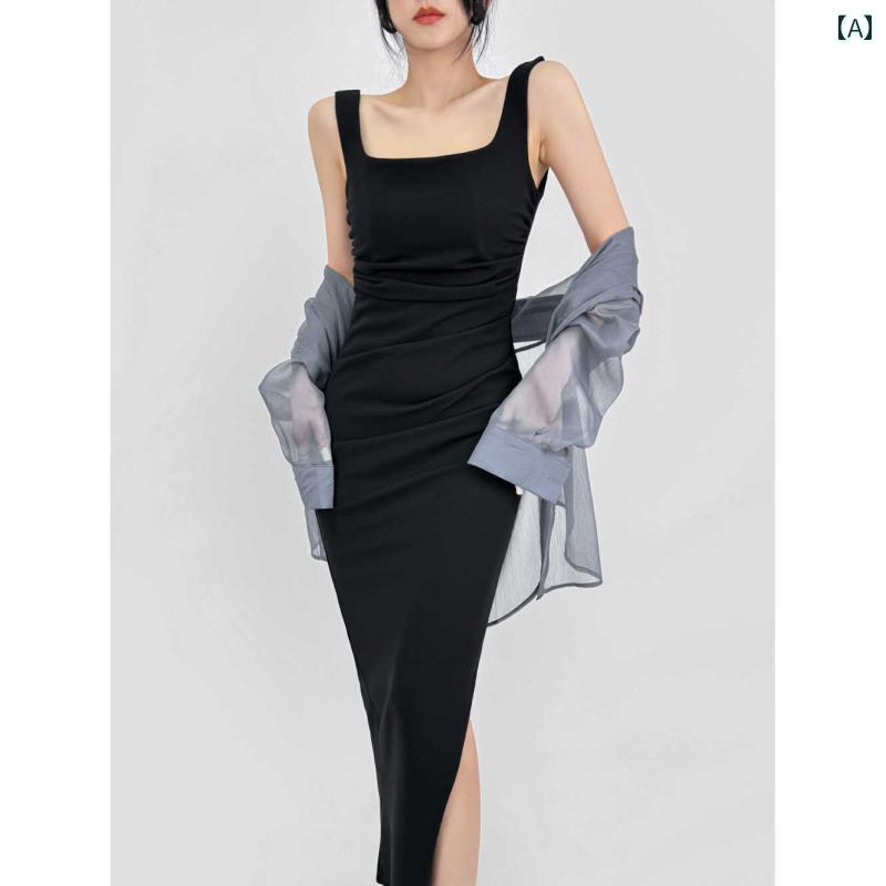 レディース スクエアネック タイト ワンピース キャミワンピ 夏 ドレープ スリット バック スカート 丈(4)