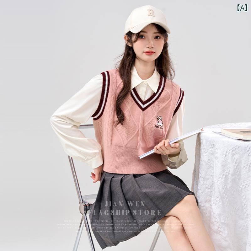 V-Neck - ニットベスト 春秋服 上着 アウター ベスト ショート 丈 短め カレッジ スクール ガール Vネック セーター レディース ベア 刺繍 くまさん ティーン プルオーバー トップス コーラル サーモン ピンク 甘