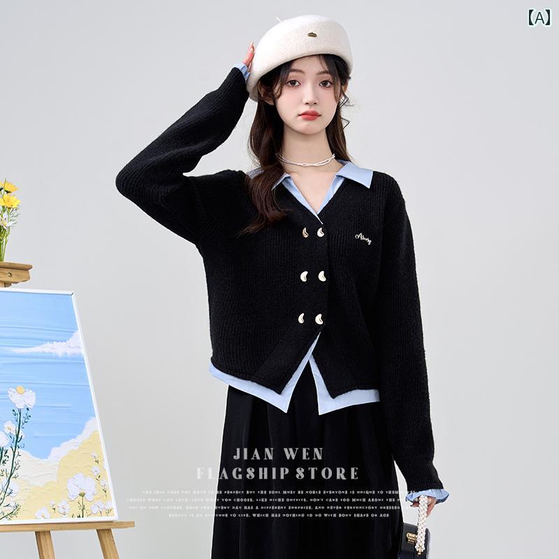 カーディガン ガーリー 秋冬 フェイク レイヤード 開襟 シャツ 重ね着風 ニット ブルー 黒 レディース ..