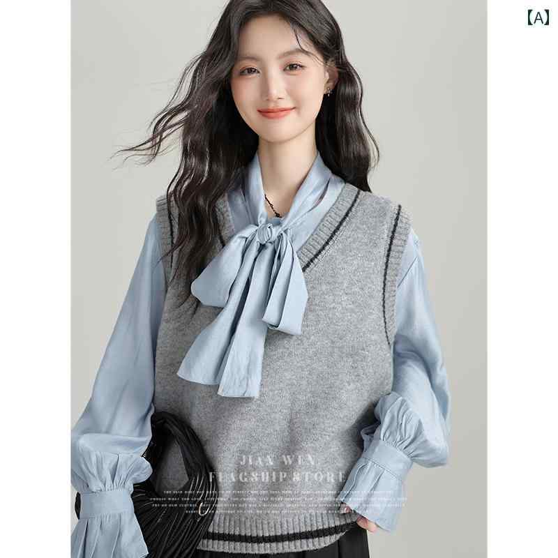 V-Neck - セーター ニット 春秋 Vネック ベスト レディース レイヤード シャツ トップス 上品 甘 カジュアル きれいめ オフィス ワーク フォーマル 蝶結び リボン タイ K ガール 大人
