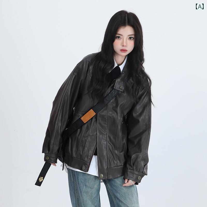 Wear （Sports） - レザージャケット 韓国 カジュアル トップス PU ストリート ジッパー 春 長袖 革 ポケット パテント レトロ ファッション コーディネート オーバーサイズ