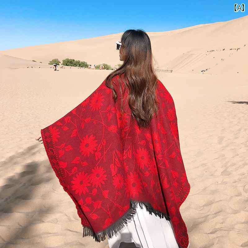 旅行 レディース マント スカーフ 厚手 ブランケット 花 ショール オールシーズン エスニック ボヘミアン レッド ブラック 学生 グレー アウトドア