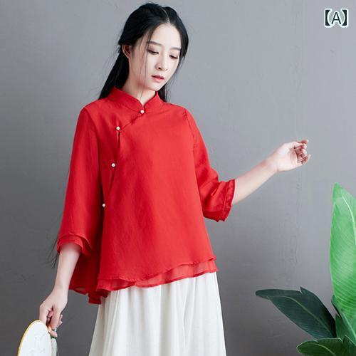 レディース ファッション 中華風 女性 唐 スーツ トップス 民族 漢服 プレート バックル チャイナ レトロ 文学 サマー ドレス ティー