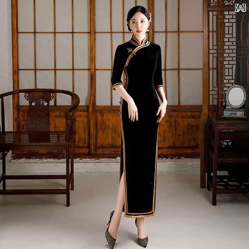 チャイナドレス エレガント おしゃれ レトロ ワンピース ゴールド ベルベット レッド ロング スリム ウェディング エチケット キャットウォーク ドレス