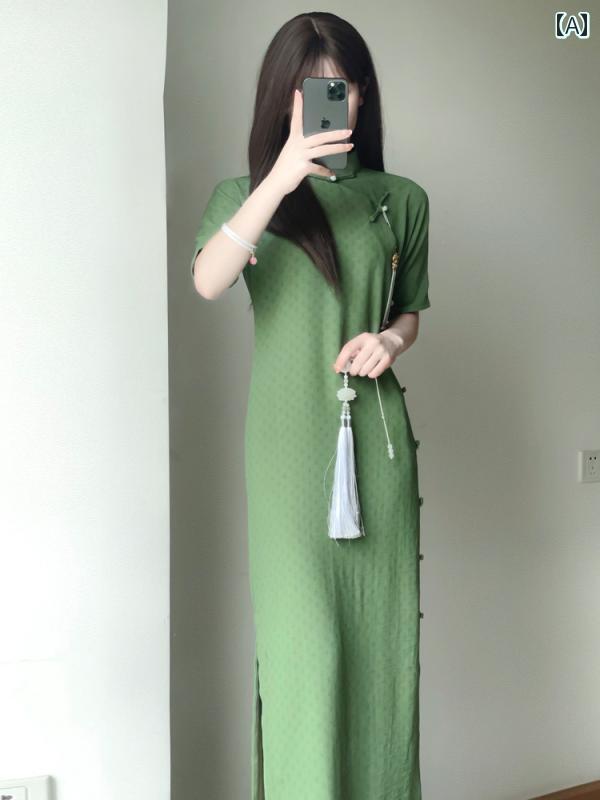 China Dress - レディース ファッション エスニック レトロ ワンピース非 地方 チャイナ ドレス 民族風 若い 女子 フル カーディガン 伝統的 日常 着用 可能 緑