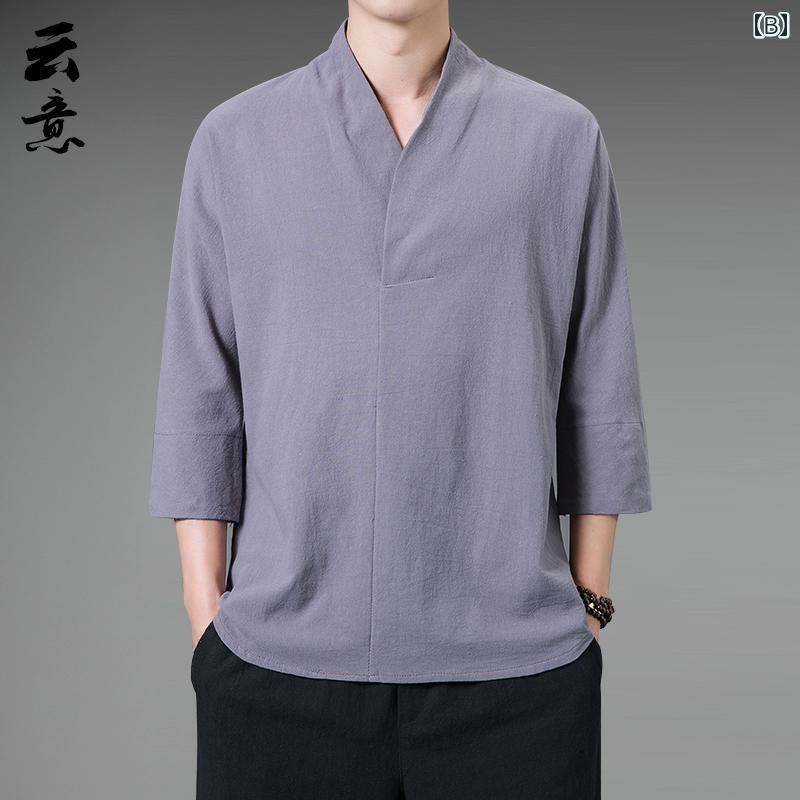 メンズ 夏 サマー トップス 中華風 リネン 漢服 V ネック レトロ 七分袖 T シャツ 素人 スーツ 綿 瞑想 茶道