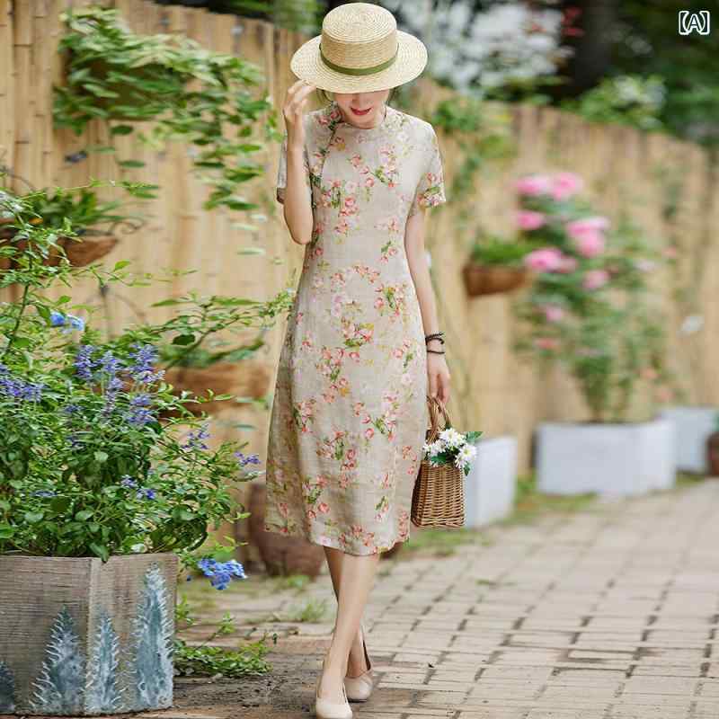レディース 夏 サマー ワンピース きれいめ 上品 婦人服 マザーズ 中華風 ラミー チャイナ ドレス 桃 花 プリント 小さい 文学 レトロ
