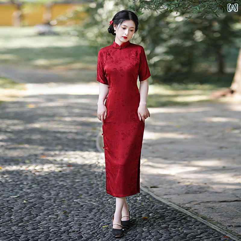 レディース チャイナ ドレス エレガント パフォーマンス 民族服 赤い 中華風 レトロ フル オープン ワンピース 民族風 女子 上品 洗練 伝統的 大学生
