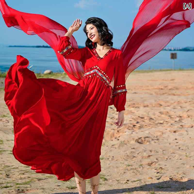 レディース リゾート ワンピース 海辺 休暇 女性 青海湖 ビーチ ドレス スーパー フェアリー レッド 旅行 写真 エスニック 砂漠 赤い