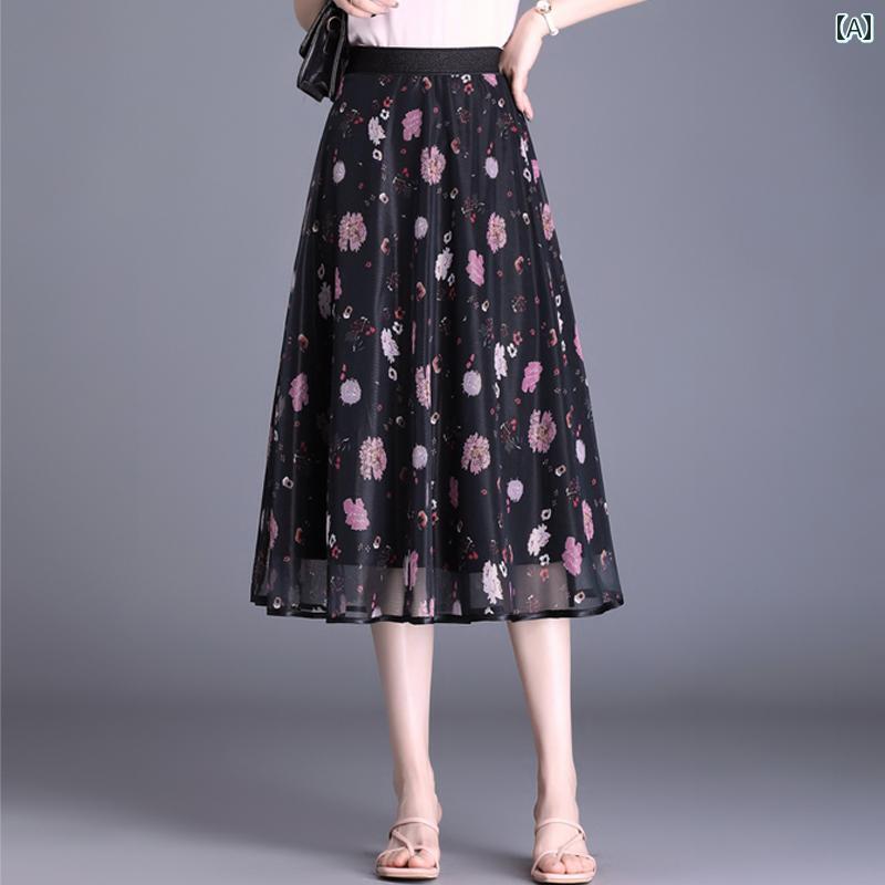 スカート レディース ミモレ丈 プリント メッシュ 秋 丈 プリーツ ハイウエスト スリム見え Aライン ガ..