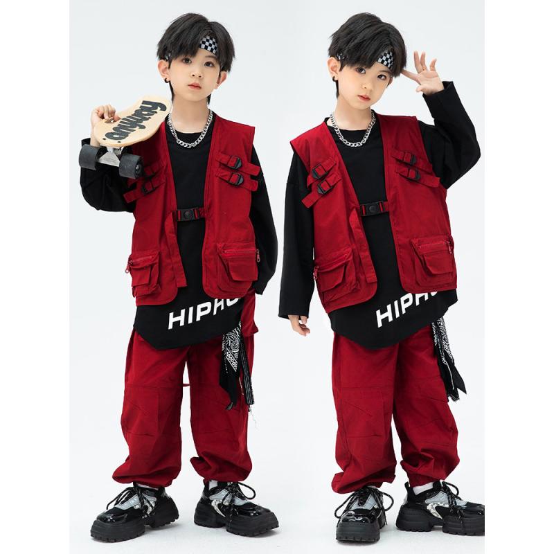 子供服 ダンス キッズ 衣装 ヒップホップ ジャズダンス セットアップ 秋 女の子 ボーイズ ストリート パフォーマンス ベスト 赤黒 赤白 ワイドフィット