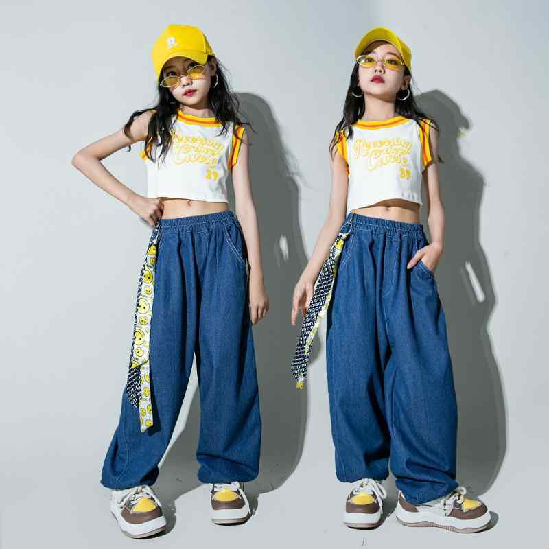 Rakuten - 子供服 女の子 Tシャツ タンクトップ へそ出し デニムパンツ コスチューム バンド ダンス ヒップホップ ストリート系 パフォーマンス 衣装 セットアップ クール かっこいい キッズ