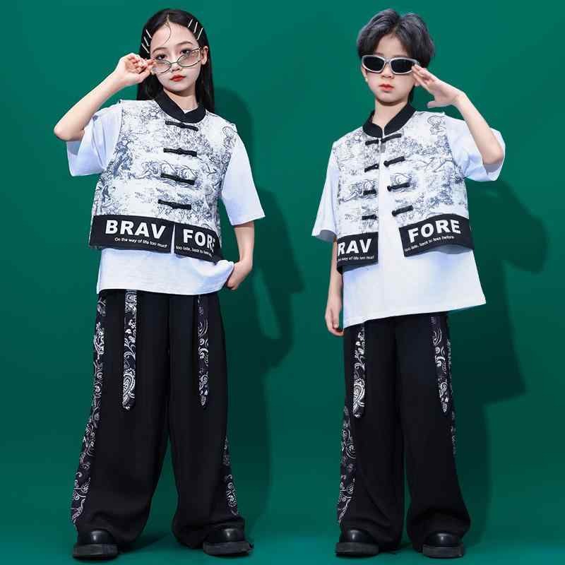子供服 女の子 男の子 Tシャツ ベスト パンツ チャイナ風 コスチューム バンド ダンス ヒップホップ ストリート系 パフォーマンス 衣装 セットアップ クール かっこいい キッズ