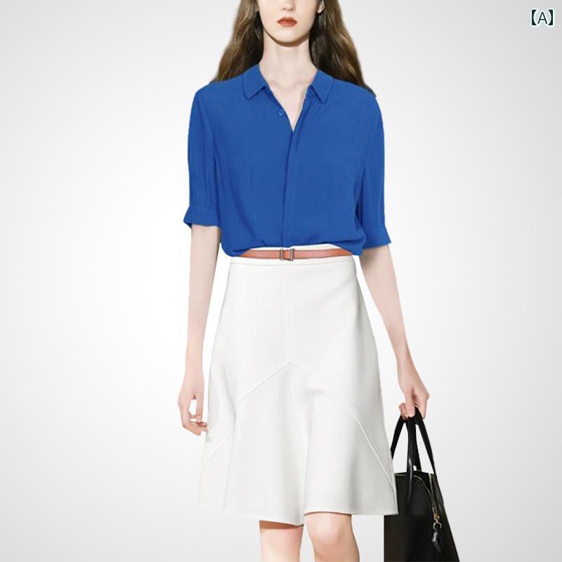 レディース ファッション セットアップ スーツ エレガント 豪華 シンプル 通勤 シャツ スカート 2点セット 齢軽減 夏 セットアップ