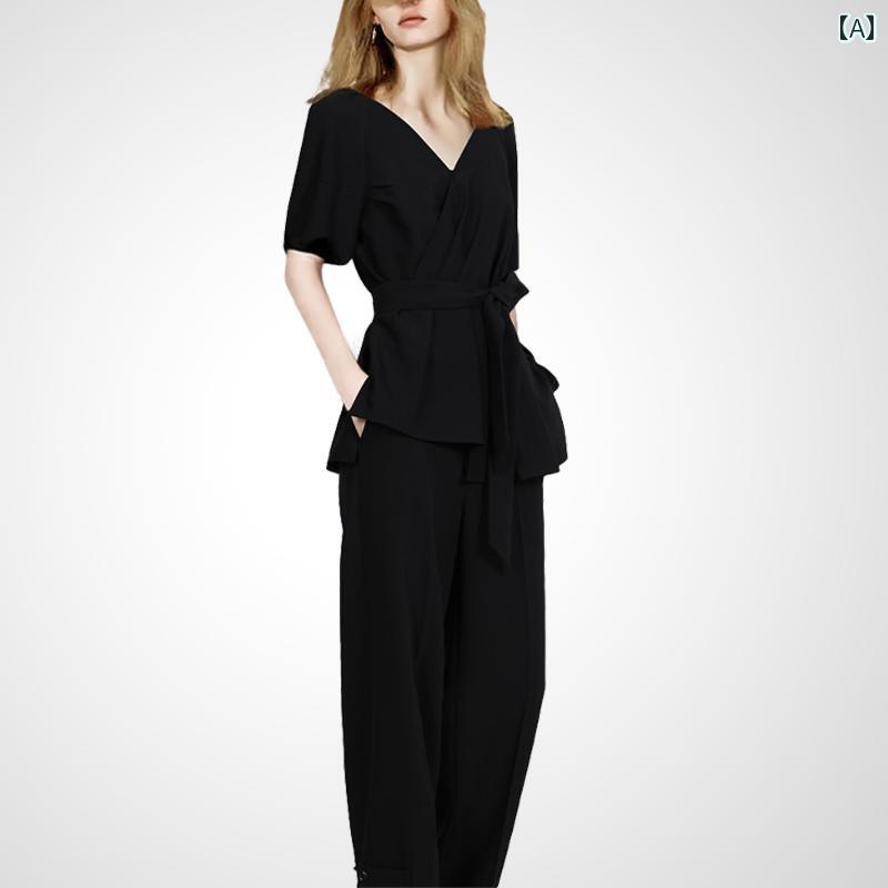 レディース ファッション セットアップ スーツ シンプル 軽量 大人 アメリカン Vネック カジュアル 半袖 トップス ワイドレッグ パンツ 2点セット