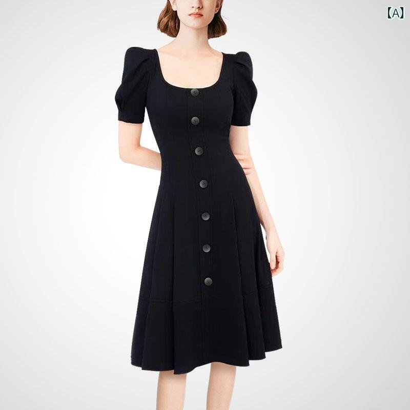 レディース ファッション ワンピース 半袖 エレガント スクエアネック スリム ドレス 夏 フレンチ リトル ブラック