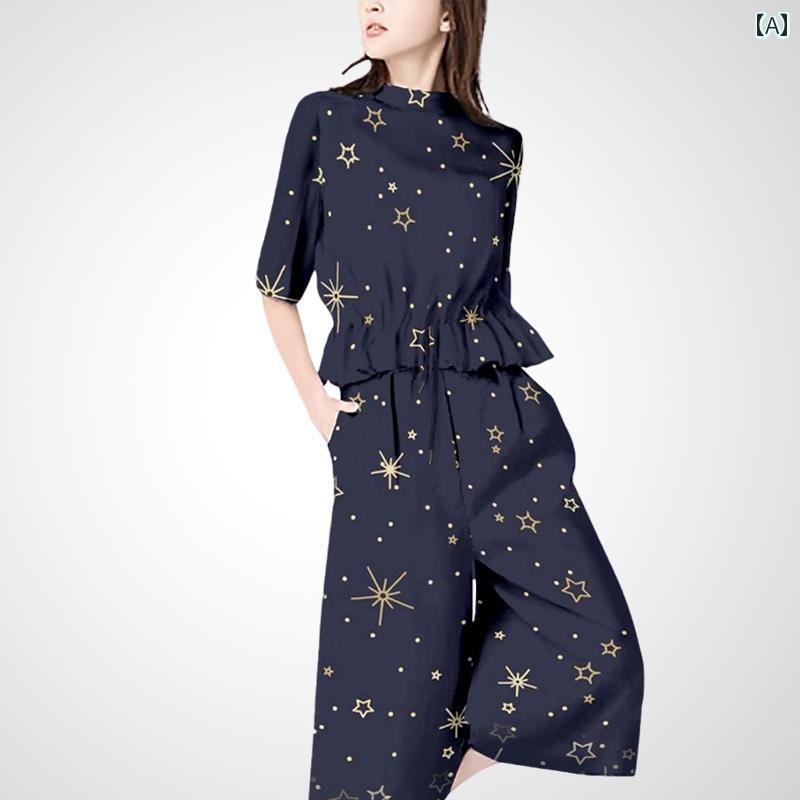 レディース ファッション スーツ セットアップ おしゃれ 洋風 お腹カバー ウエスト引き締め トップス ワイドパンツ 着痩せ 2点セット 夏