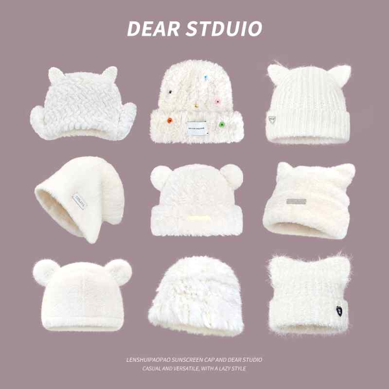 Knit Hat - ニット帽 秋冬 レディース ふわふわ 白 ベース かわいい ウール 帽子 暖かい 耳保護 防寒 小顔 効果 ニット キャップ ファー 動物 耳 ユニーク ストリート 甘め ティーン
