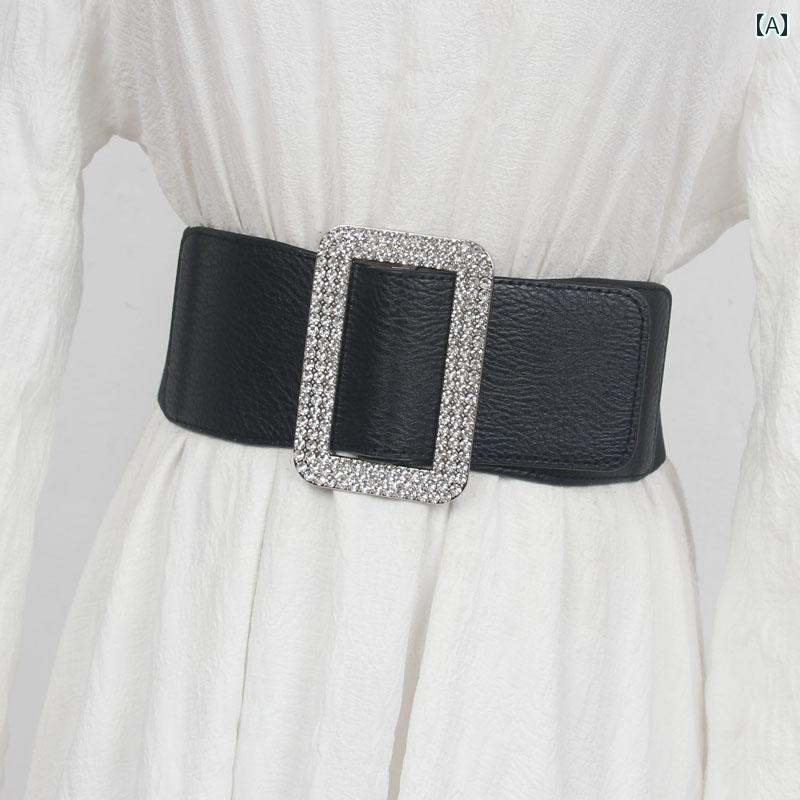ワイドベルト ウエストマーク ドレス レディース シック 装飾 エレガント きらきら スクエア バックル ラインストーン スタイリッシュ ゴム モダン ストレッチ性 アクセサリー コート