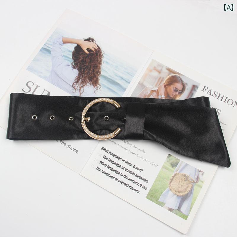 ワイドベルト サッシュ レディース エレガント 上品 ドレス おしゃれ コート きれいめ スカート ワンピース セーター 装飾 レトロ パール ラウンド バックル シンプル