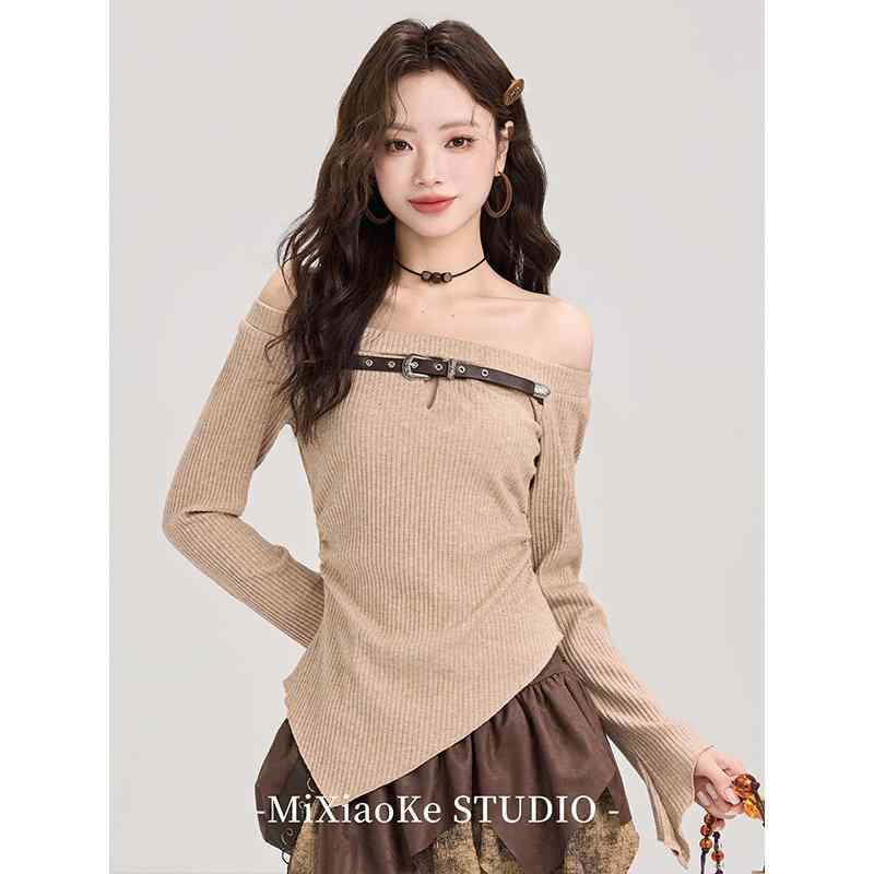 シャツ トップス レディース おしゃれ ファッション アメリカン レトロ オフショルダー 長袖 秋冬 ユニーク カジュアル スリムフィット フェミニン ニット