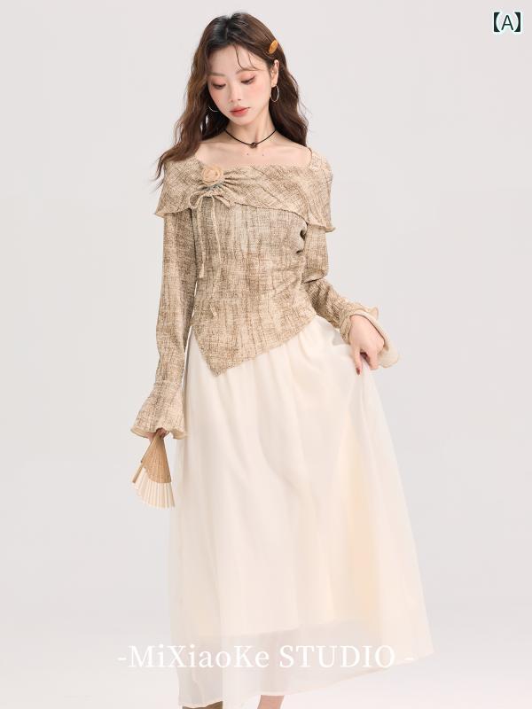 レトロ 長袖 セーター レディース 秋 スカート 2点セット ファッション ロング プルオーバー カジュアル 森ガール Aライン