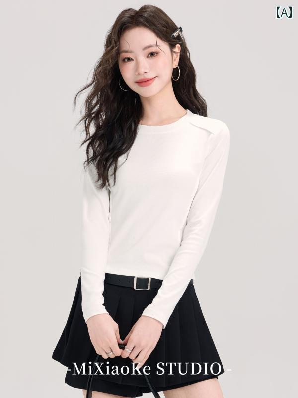 Other - カレッジ 白 長袖 tシャツ レディース 秋 フィッシュボーン ウエストスリム トップス ファッション 森ガール ラウンドネック カジュアル 無地