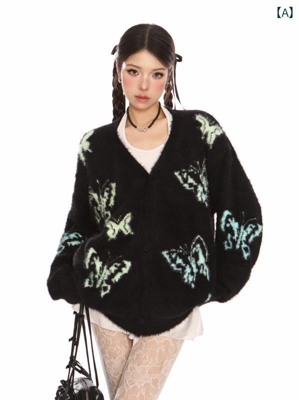 セーター トップス レディース 女の子 ストリート カーディガン ウール 秋 暖かい 長袖 シングルブレスト Vネック 蝶 カジュアル ファッション