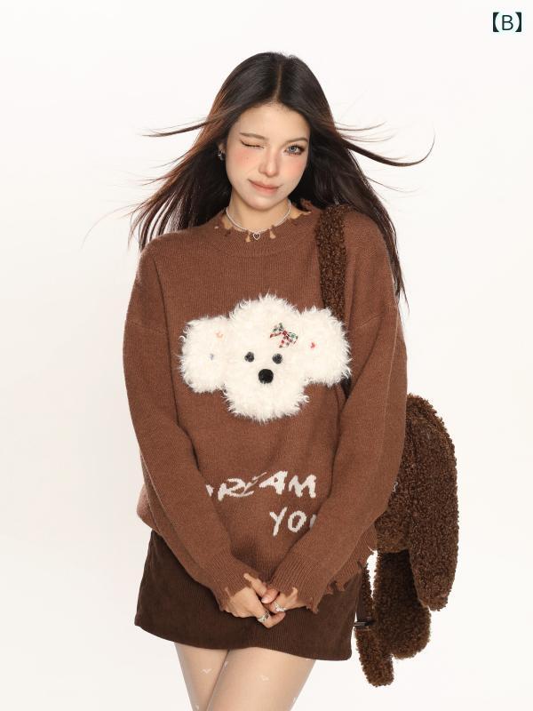 トップス レディース セーター ゆったり ストリート ウール プルオーバー 春秋冬 暖かい ラウンドネック アニマル かわいい カジュアル コーディネート