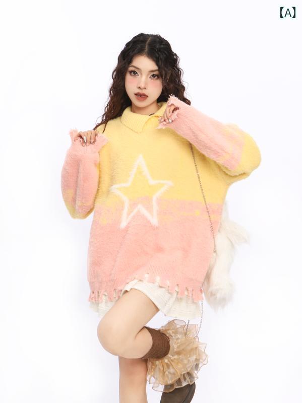 Other - セーター レディース 女の子 トップス 綿 グラデーション コットン プルオーバー 暖かい ボタン ポロ襟 長袖 冬 スター ファッション ニット