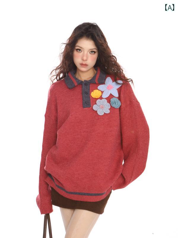 セーター レディース オーバーサイズ カラー フラワー 秋冬 おしゃれ ポロ襟 長袖 暖かい シンプル カジュアル フェミニン