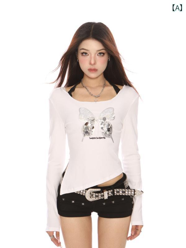 トップス レディース スパンコール キラキラ ホルターネック 秋 長袖 蝶 かわいい アップ ガーリー ファッション コーディネート