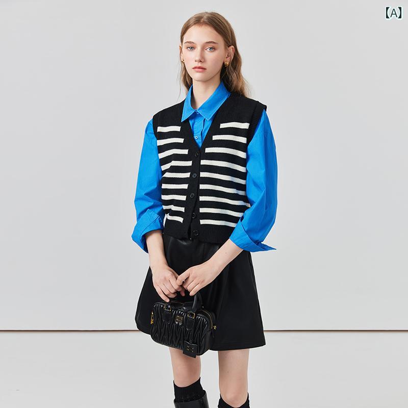 レディース ファッション トップス アウター ベスト 秋 Vネック ストライプニット カーディガン 黒 スタッキング