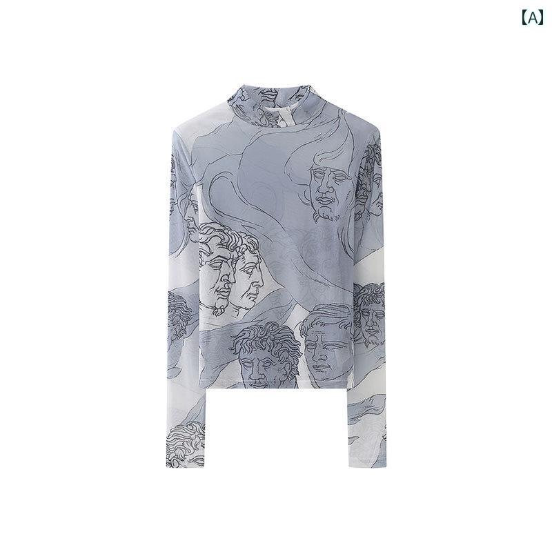 樂天商城 - レディース ハイネック シースルー 透け感 長袖 Tシャツ 韓国 着痩せ トップス 秋 タイト ファッション カジュアル 個性