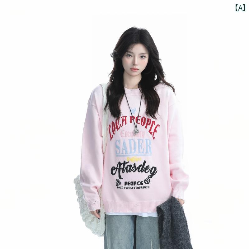 セーター オーバーサイズ おしゃれ 女の子 秋冬 レディース アメリカン レトロ ヴィンテージ風 ジャカード モード系 ラウンドネック ピンク ニット