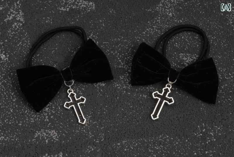 ヘアアクセサリー ヘアゴム ツイン セット ハート型 シルバー クロス 十字架 くりぬき 髪留め 髪飾り 黒 リボン ダーク ブラック ゴシック 愛 ペンダント...